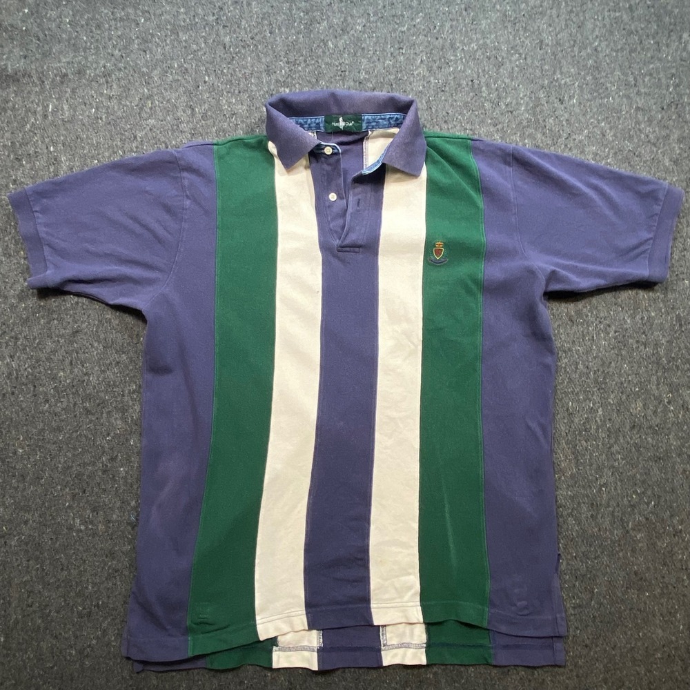 Hunt Club Preppy Mens L Blue Green Striped Short Sleeve Crest Polo Shirt